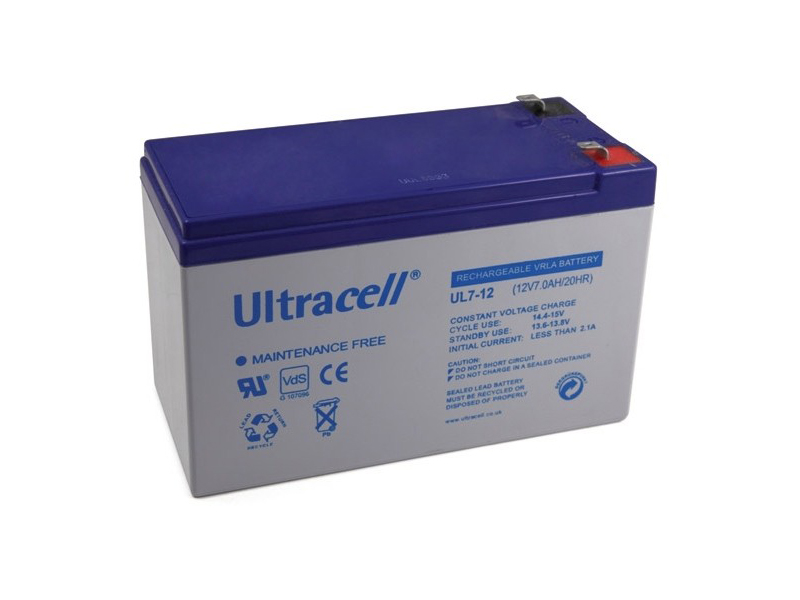 Akumuliatorius Ultracell UL7-12F2 
12V, 7,0Ah švino – rūgštinis akumuliatorius hermetiškame korpuse. F2 kontaktai. Matmenys: 151 x 65 x 93,4 mm. Svoris ~2,05 kg.