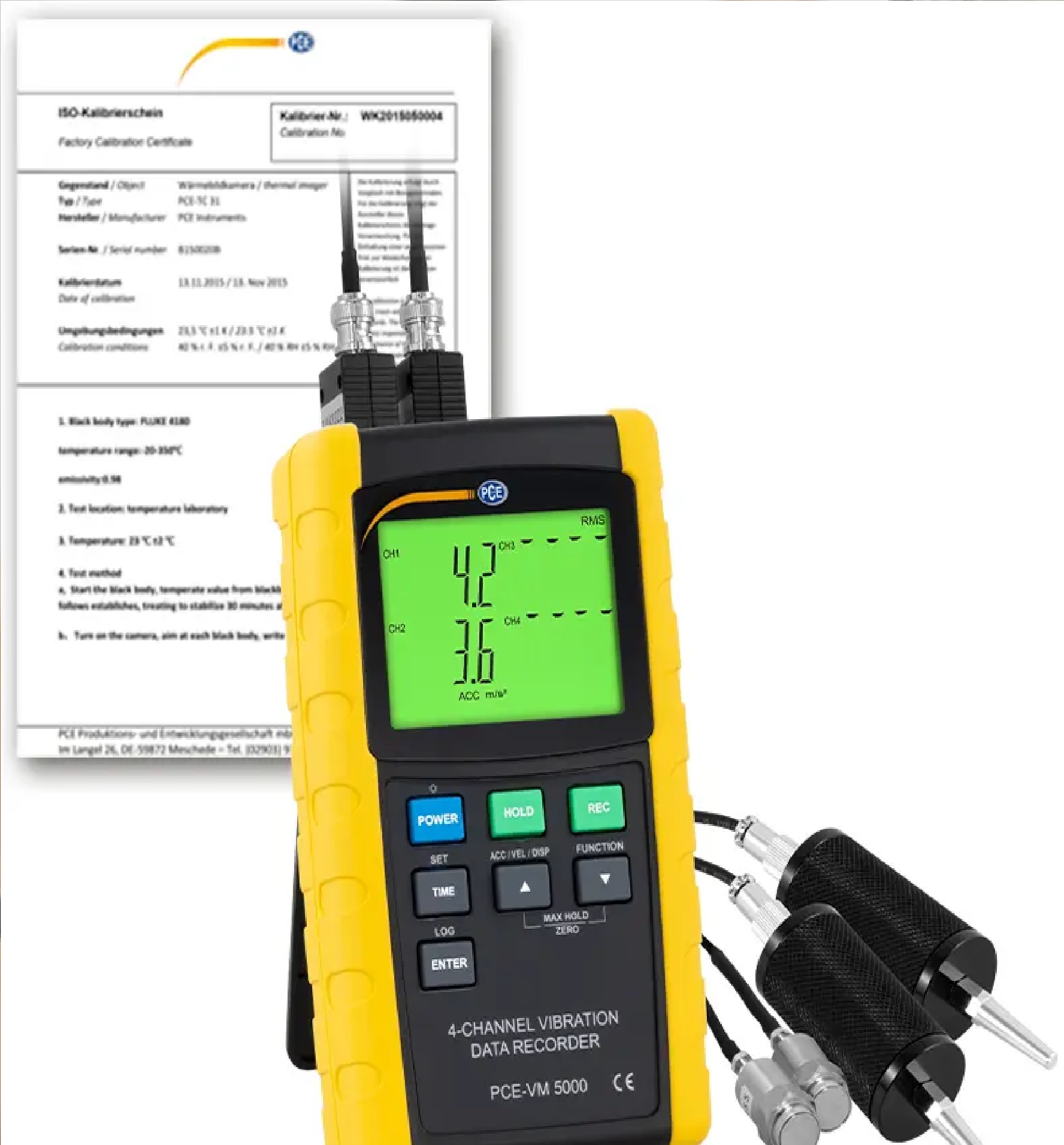 Vibracijos matuoklis PCE-VM 5000-KIT-ICA su ISO kalibravimo sertifikatu