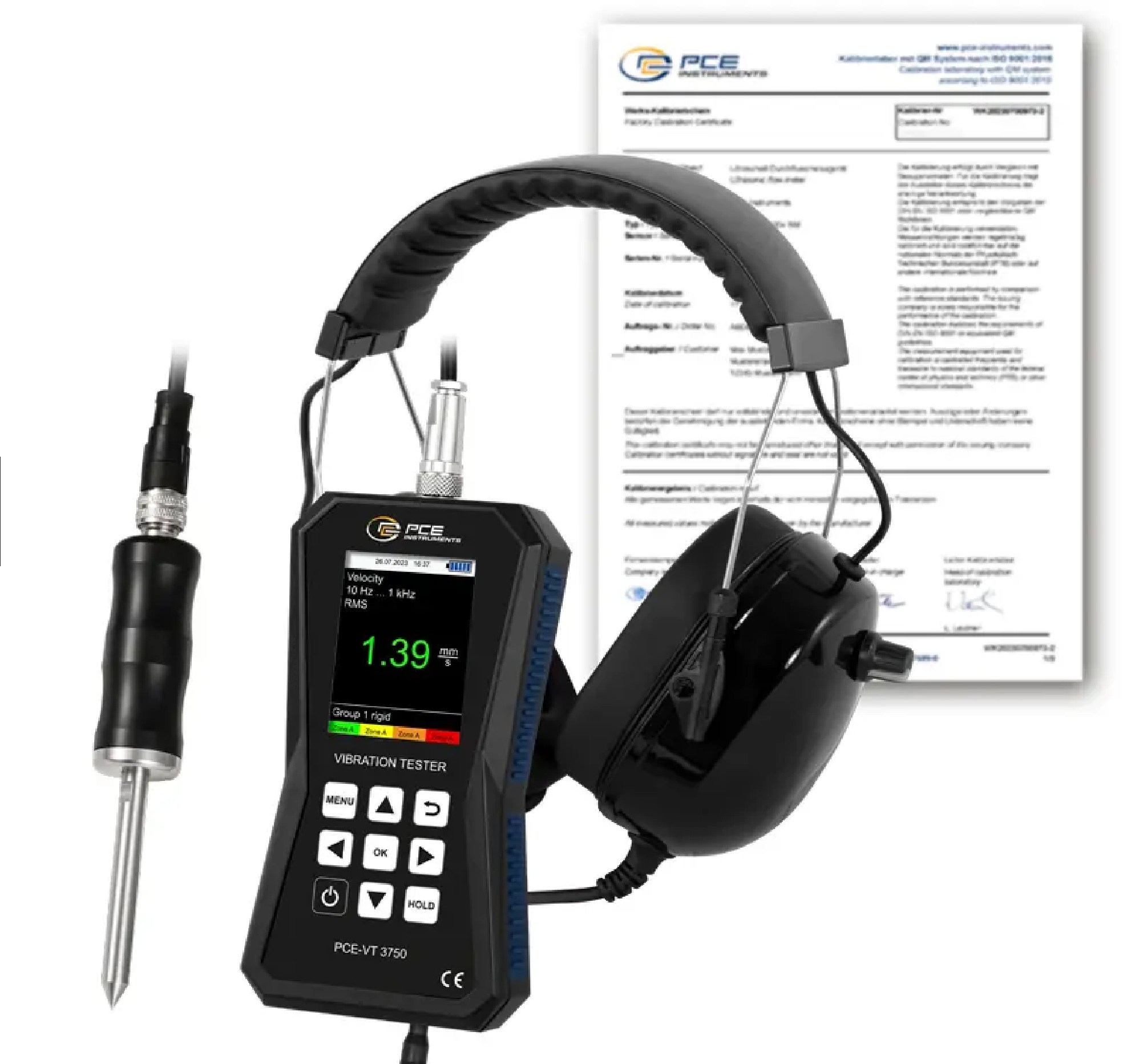 Vibracijos matuoklis PCE-VT 3750S-ICA su ISO kalibravimo sertifikatu