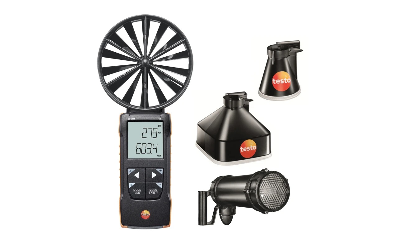 Rinkinys Testo 417 Kit 2 su metrologine patikra (mentelinis anemometras su matavimo gaubtais ir srauto tiesintuvu)