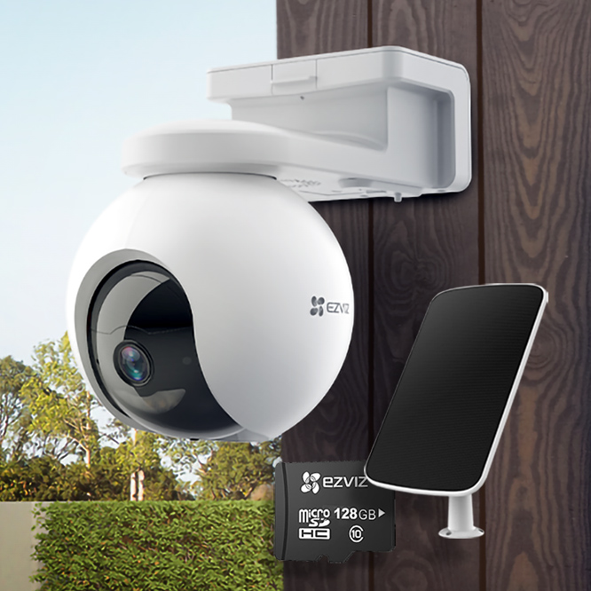 Lauko vaizdo stebėjimo kamera EZVIZ CS-EB8 4G + mikro SD kortelė EZVIZ CS-CMT 128 GB + saulės kolektorius EZVIZ CS-CMT